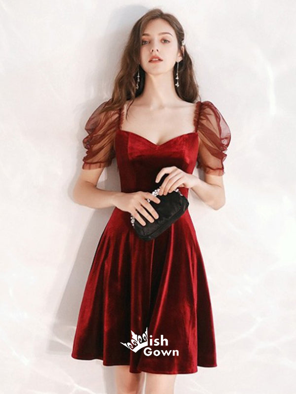 Puff Sleeves Sweetheart Red Velvet Knee-length Freshman Graduation Homecoming Dress, WGP040