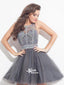 Light Gray Halter Rhinestone Sparkly Open Back Tulle Short Freshman Homecoming Prom Gowns Dress, WGP062