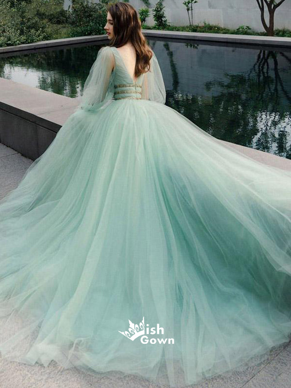 Mint Green A-line Deep V-neck Beaded Long Sleeves Evening Gown Prom Dress, WGP064