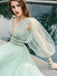 Mint Green A-line Deep V-neck Beaded Long Sleeves Evening Gown Prom Dress, WGP064