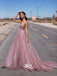 Sparkle Dusty Pink Deep V-neck Backless Long A-line Evening Prom Dresses, WGP070