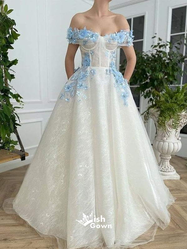 Off Shoulder Blue Handmade Flowers A-line Evening Gowns Prom Dresses, Wish Gown Off Shoulder Blue Handmade Flowers A-line Evening Gowns Prom Dresses, Wish Gown