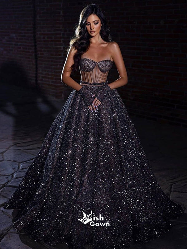 starry night prom dress Black Starry Sky Sequins Shinny A-line Sweetheart Strapless Evening Go – Wish Gown