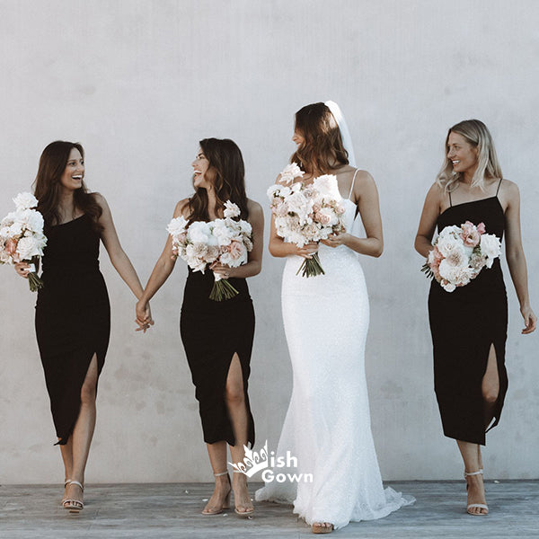 Unique Black Spaghetti Strap Side Split Tea-length Bridesmaid Dresses, YPS138