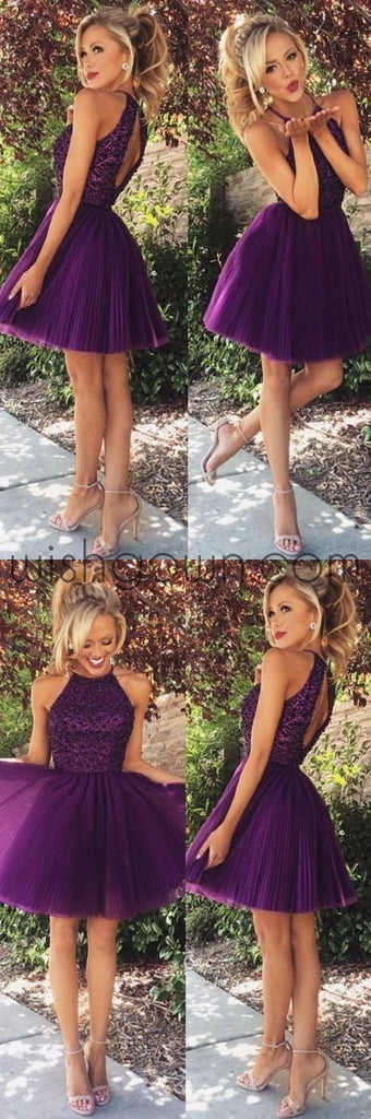 Purple Sexy Open back Halter Beaded Purple homecoming prom dresses, CM0022