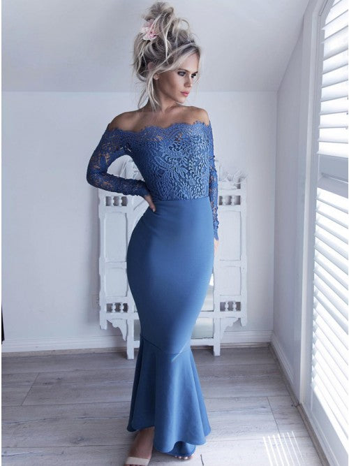 Affordable Long Sleeves Lace Off the Shoulder Mermaid Long Prom Dress, PD0130 - Wish Gown