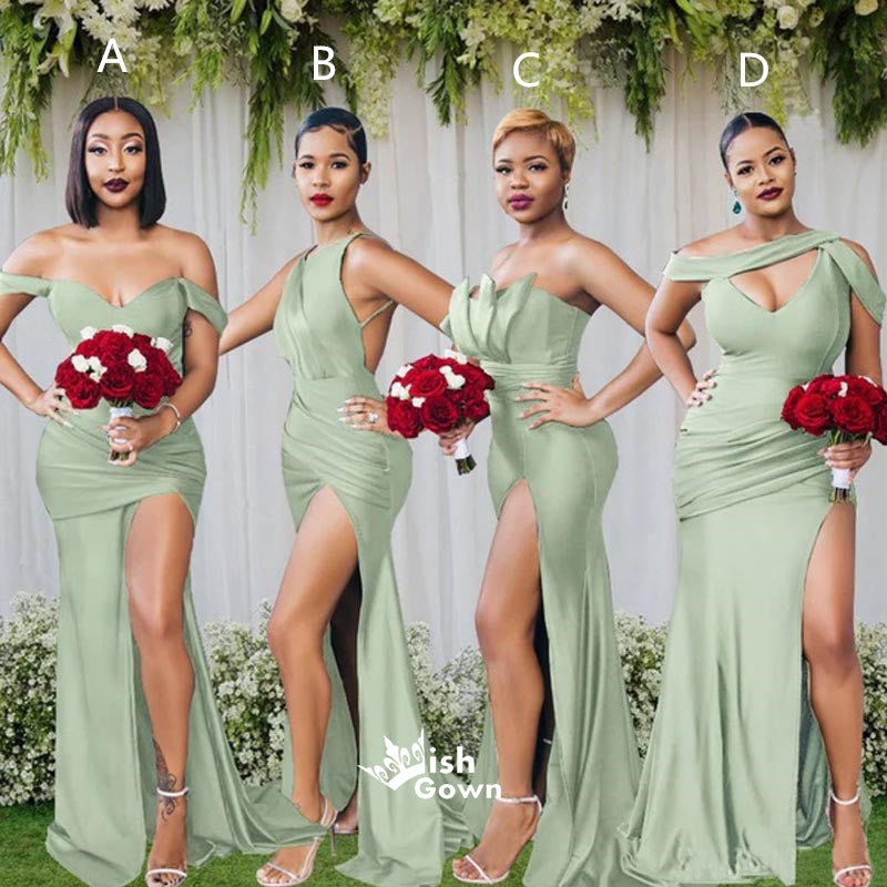 Mismatched Sage Mermaid Side Slit Cheap Long Bridesmaid Dresses Online, WGM136