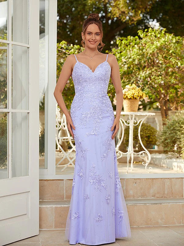 Elegant Lilac Mermaid Spaghetti Straps V Neck Applique Lace Maxi Long Party Prom Gowns,Evening Dresses,WGP383