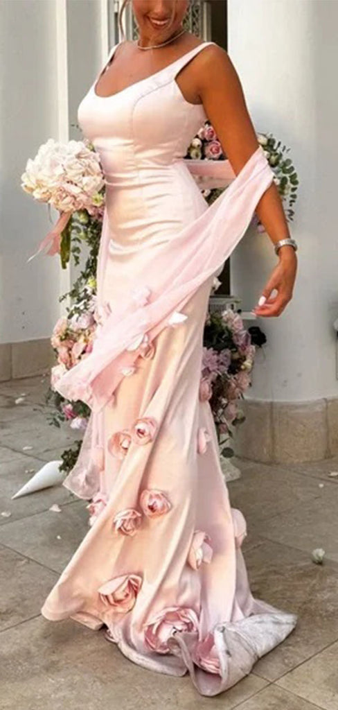 Elegant Pink Spaghetti Strap Mermaid Floral Long Prom Dress Ideas, Evening Party Dresses,WGP1752