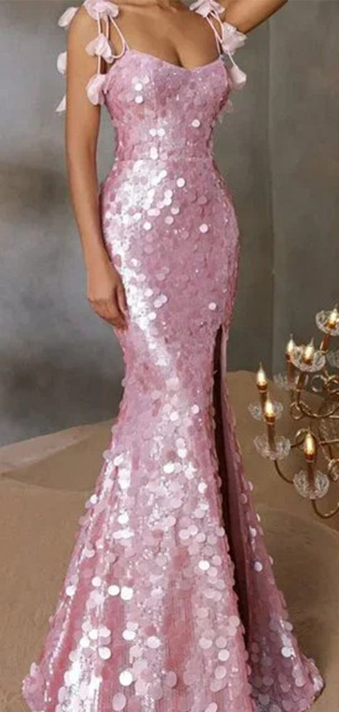 Sparkly Pink Spaghetti Strap Mermaid Long Prom Dress Ideas, Evening Party Dresses,WGP1900