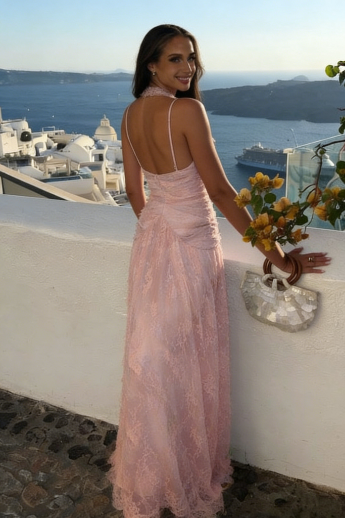 Elegant Blush Pink Lace Halter Prom Dress Sexy Ruched Backless Maxi Gown,WGP2211