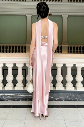 Elegant Pink Satin Column Prom Gown Mock Neck Off-the-Shoulder Formal Dress,WGP2200