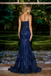Elegant Mermaid Dark Blue Prom Dress Glitter Applique Spaghetti Strap Formals,WGP2109