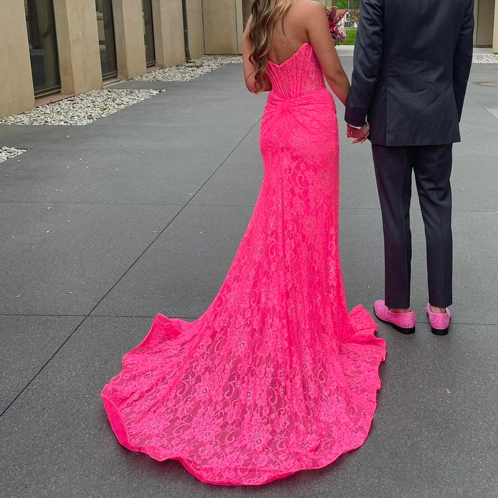 Unique Pink Lace Prom Gown with Sexy High Slit Halter V-Neck Sleeveless Mermaid Dress,WGP2088