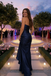 Navy Blue Strapless Mermaid Prom Gown featuring Ruffled Tiered Skirt Ruched Bodice,WGP2190