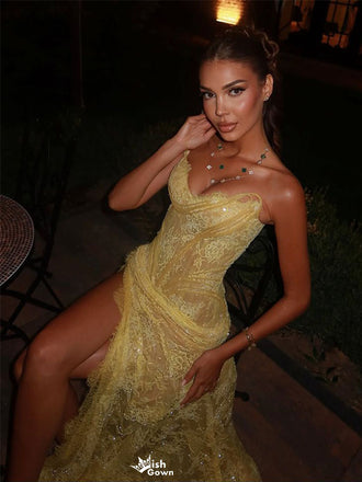 Sexy Yellow Spaghetti Strap Mermaid Side Slit Long Prom Dress Ideas, Evening Party Dresses,WGP1608