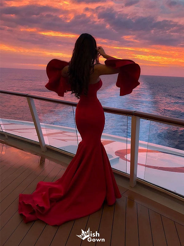 Unique Burgundy Off-Shoulder Mermaid Long Prom Dress Ideas, Evening Party Dresses, WGP2002