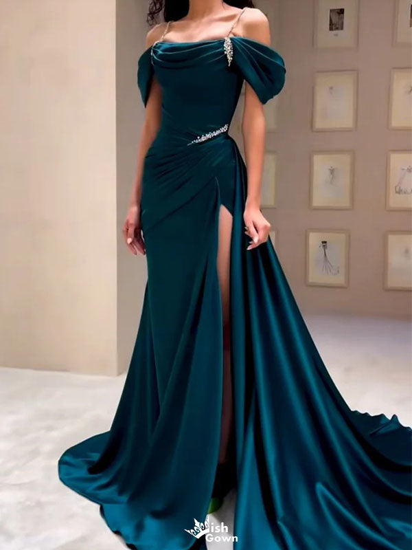 Elegant Dark Green Spaghetti Strap Mermaid Long Prom Dress Ideas, Evening Party Dresses,WGP1976