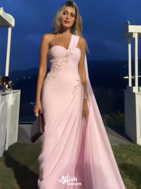 Elegant Pink One-Shoulder Mermaid Long Prom Dress Ideas, Evening Party Dresses,WGP1834