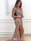 Sexy Rose Gold Sequin Prom Dress One Shoulder Long Sleeve High Slit Glitter Gala Gown,WGP2082