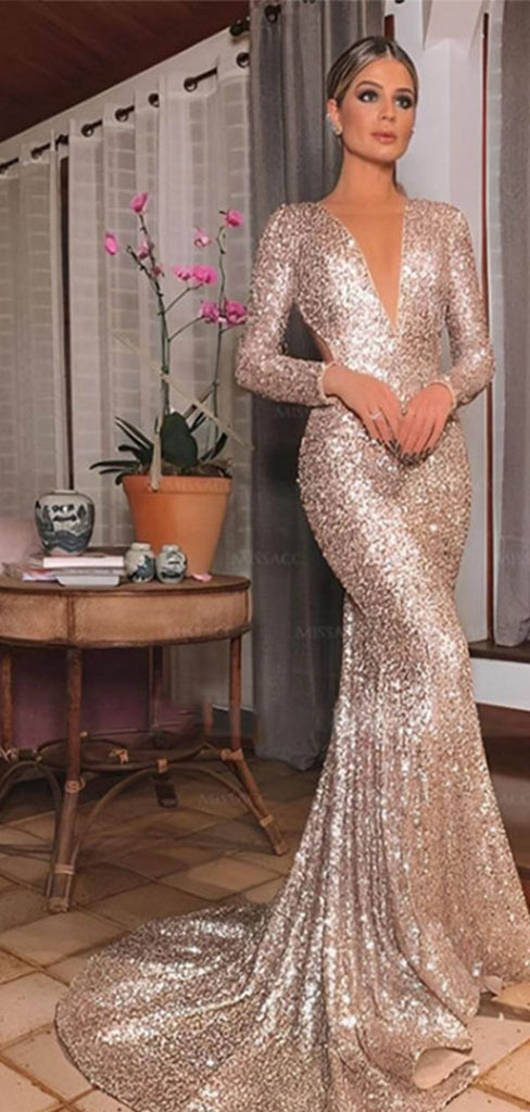 Sparkly Champagne V-Neck Long Sleeve Mermaid Long Prom Dress Ideas, Evening Party Dresses,WGP1970