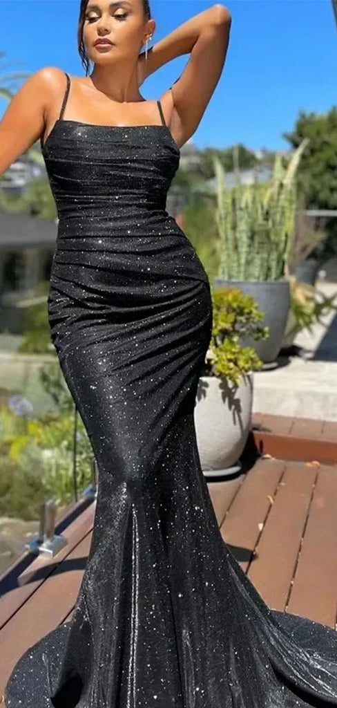 Sparkly Black Spaghetti Strap Mermaid Long Prom Dress Ideas, Evening Party Dresses,WGP1909