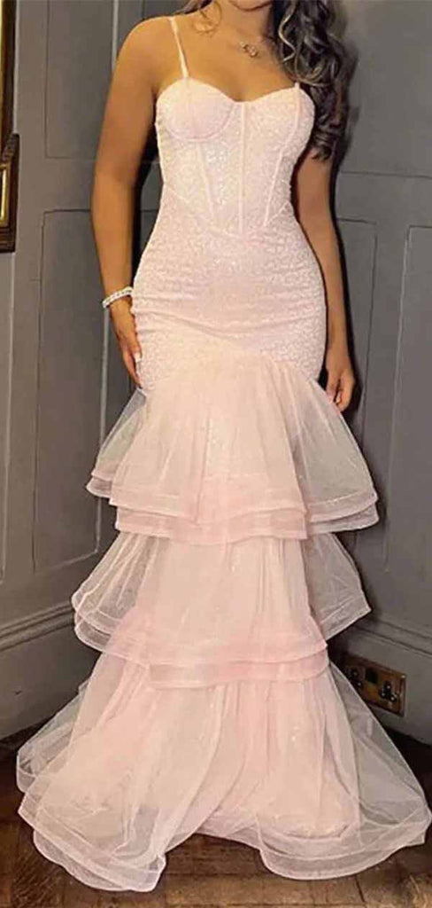 Elegant Pink Spaghetti Strap Mermaid Long Prom Dress Ideas, Evening Party Dresses,WGP1784