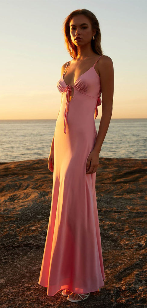 Pretty Pink Satin Maxi Mermaid Prom Dress with Tie-Front Cutout,WGP2128
