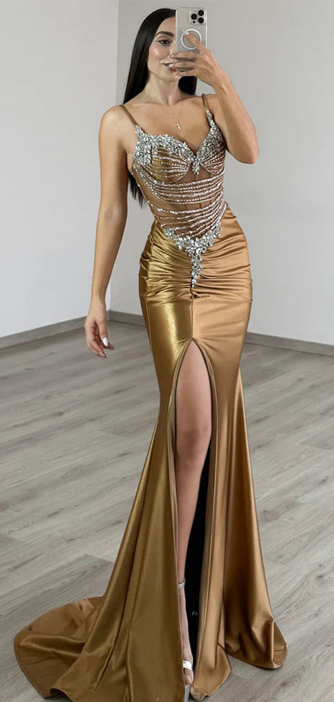 Elegant Gold Spaghetti Strap Mermaid Long Prom Dress Ideas, Evening Party Dresses,WGP1985