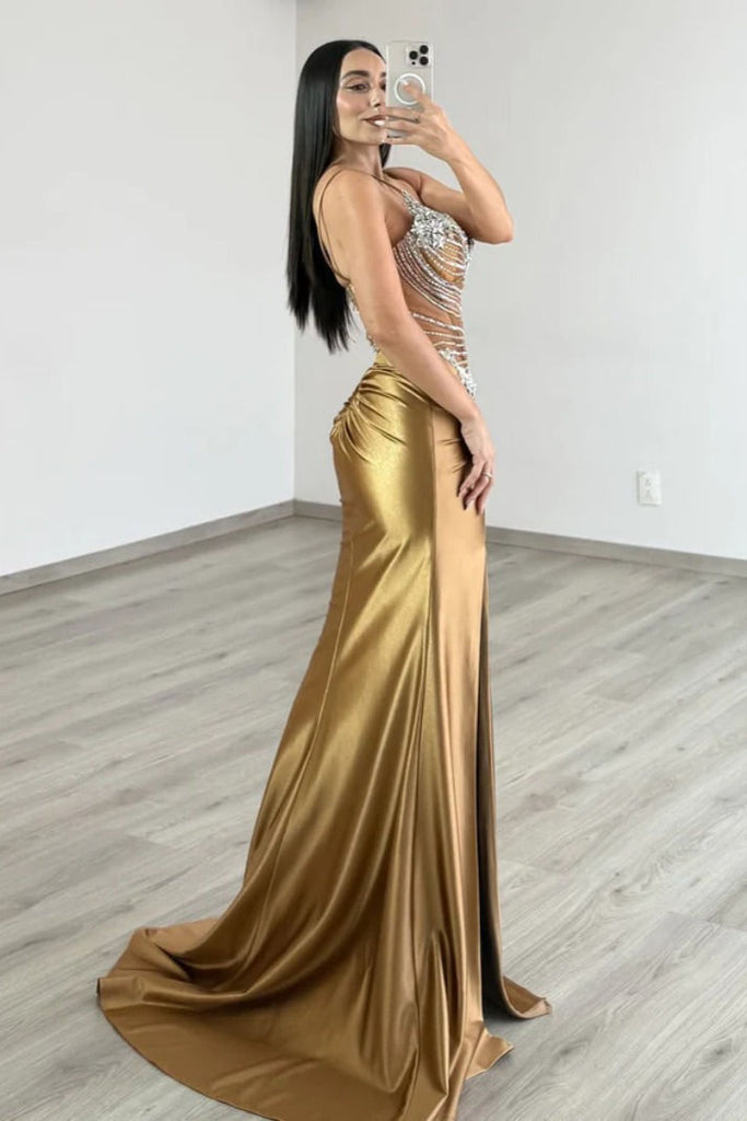 Elegant Gold Spaghetti Strap Mermaid Long Prom Dress Ideas, Evening Party Dresses,WGP1985