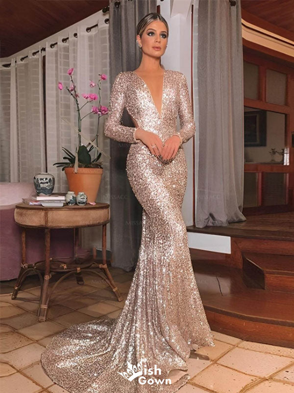 Sparkly Champagne V-Neck Long Sleeve Mermaid Long Prom Dress Ideas, Evening Party Dresses,WGP1970