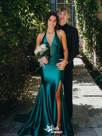 Elegant Green V-Neck Mermaid Side Slit Long Prom Dress Ideas, Evening Party Dresses, WGP1997