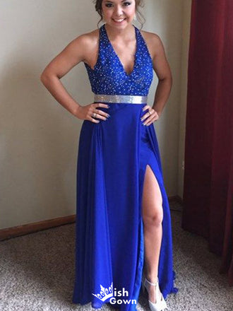 Gorgeous Halter V-neck A-line Long Prom Dress Ideas, Evening Party Dresses,WGP1781