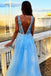 Charming Light Blue A-Line Spaghetti Straps V Neck Applique Cheap Maxi Long Party Prom Gowns,Evening Dresses,WGP439