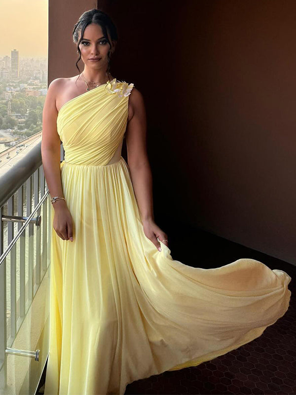 Elegant Yellow Pleats One shoulder A-Line Party Prom Dresses,Evening Dress Online, WGP830