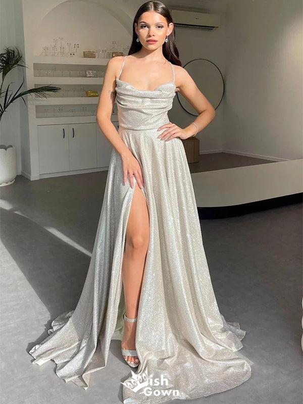 Elegant White Spaghetti Strap A-line Side Slit Sleeveless Party Prom Dresses,Evening Dress Online, WGP838