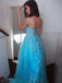 Elegant Light Blue A-Line Spaghetti Straps Applique Lace Maxi Long Party Prom Gowns,Evening Dresses,WGP398