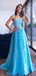Elegant Light Blue A-Line Spaghetti Straps Applique Lace Maxi Long Party Prom Gowns,Evening Dresses,WGP398