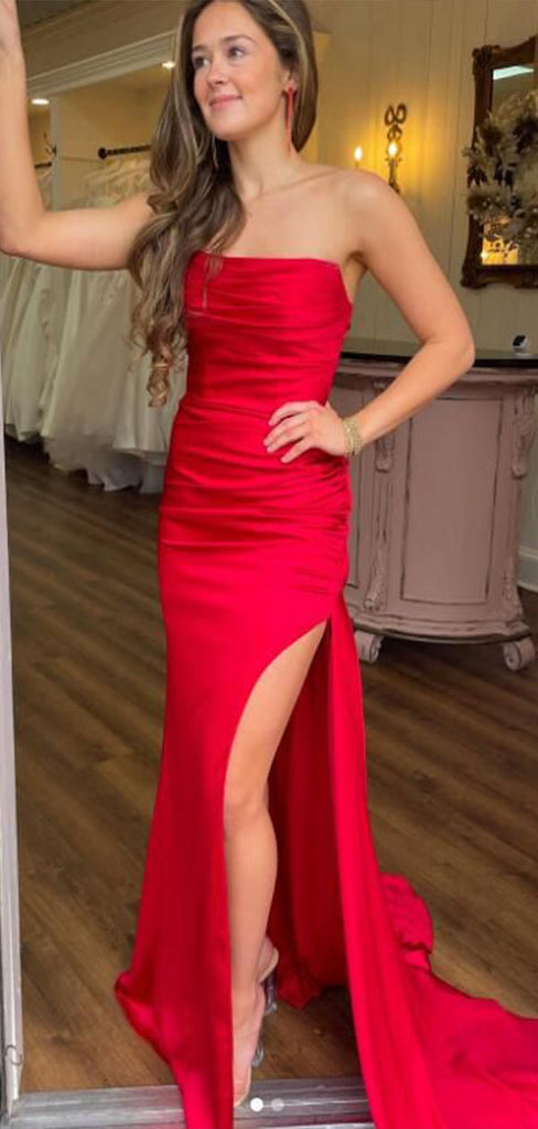Sexy Red Mermaid Strapless Side Slit Sleeveless Lace Up Maxi Long Party Prom Gowns,Evening Dresses,WGP399