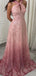 Sparkly Pink Halter A-Line Long Prom Dress Ideas, Evening Party Dresses,WGP1946