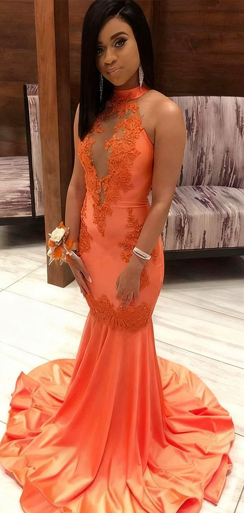 Sexy Orange High Neck Mermaid Long Prom Dress Ideas, Evening Party Dresses,WGP1809