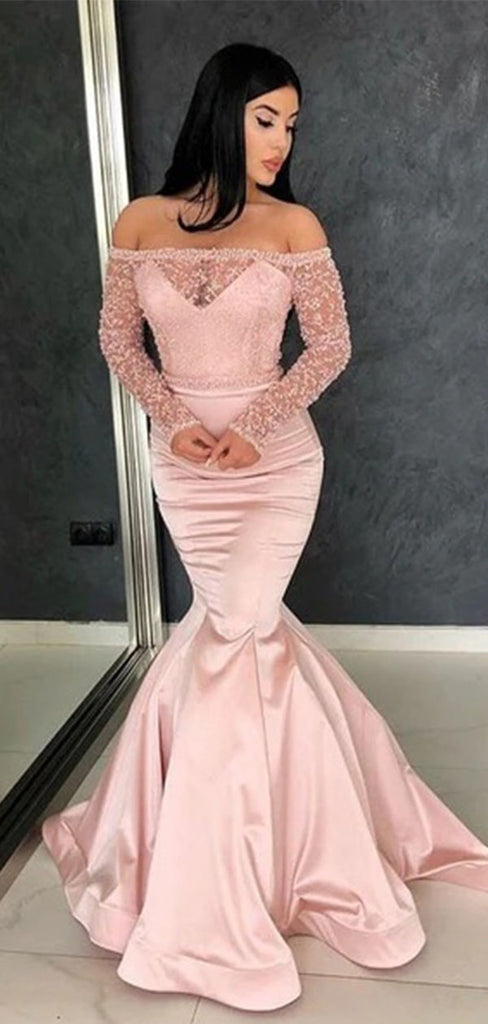Elegant Pink Lace Long Sleeve Mermaid Long Prom Dress Ideas, Evening Party Dresses,WGP1694