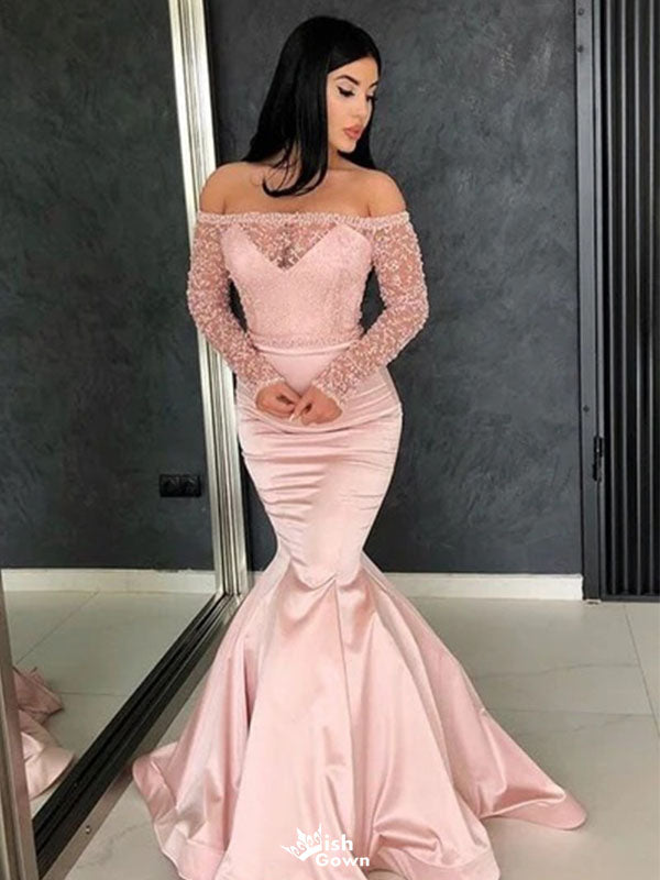 Elegant Pink Lace Long Sleeve Mermaid Long Prom Dress Ideas, Evening Party Dresses,WGP1694
