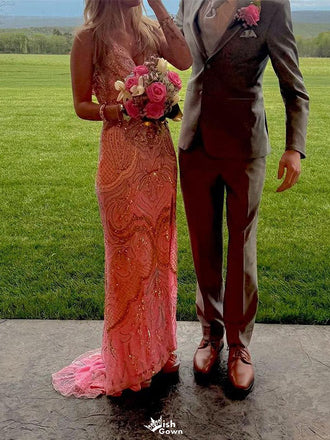 Sexy Pink Spaghetti Strap Mermaid Side Slit Sleeveless Long Prom Dress Ideas, Evening Party Dresses,WGP1683