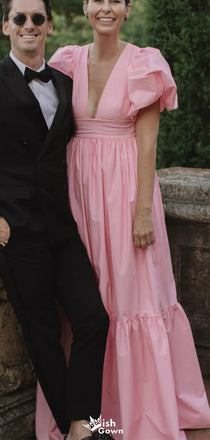 Casual V-neck Short Sleeves A-line Long Prom Dress Ideas, Evening Party Dresses,WGP1847