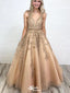 Elegant Champagne V-Neck A-Line Lace Sleeveless Party Prom Dresses,Evening Dress Online, WGP853