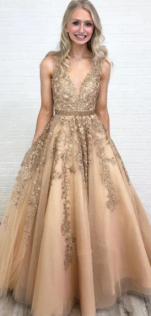 Elegant Champagne V-Neck A-Line Lace Sleeveless&nbsp;Party Prom Dresses,Evening Dress Online, WGP853