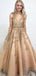 Elegant Champagne V-Neck A-Line Lace Sleeveless&nbsp;Party Prom Dresses,Evening Dress Online, WGP853