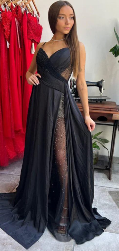 Elegant Black Sweetheart A-Line Side Slit Sleeveless Party Prom Dresses,Evening Dress Online, WGP854