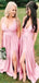 Elegant Pink Spaghetti Strap A-Line Side Slit&nbsp;Sleeveless Wedding Guest Bridesmaid Dresses,WGM401